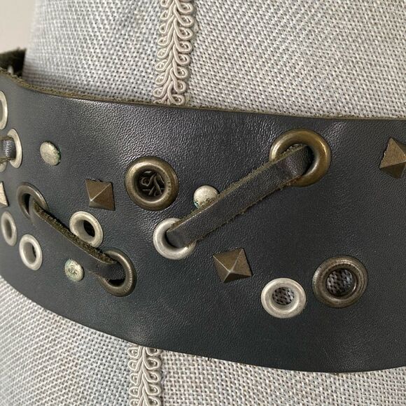 Black 3”W Silver Studded Leather Belt sz M Moto, Boho, Festival Modern Emo Goth - Picture 5 of 14
